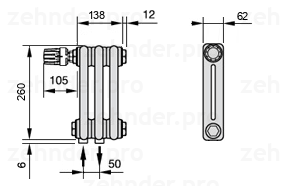 Схема (чертеж) Радиатор Zehnder Charleston 2026/3 №V007 Белый глянцевый RAL 9016